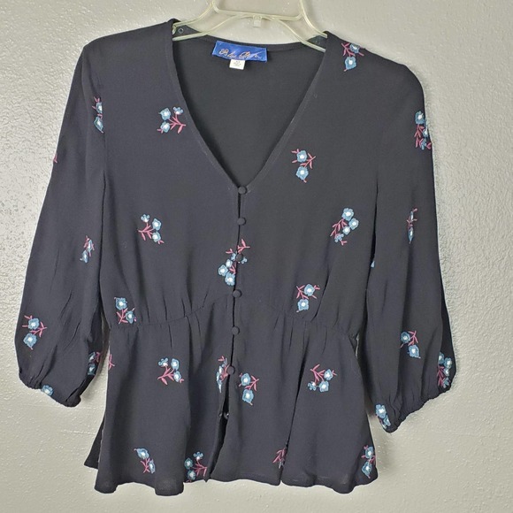 Blue Rain Tops - Blue Rain Embroidered Peplum Peasant Blouse XS
